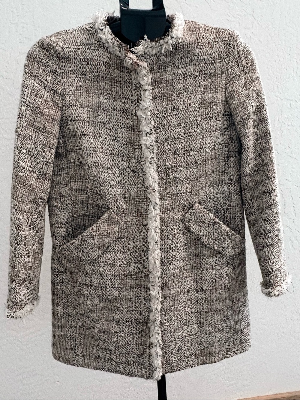Zara Taupe Tweed Fringe-Trim Blazer Jacket